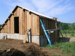 Keith-week The roof boards came from trees with oak wilt that we harvested carefully and milled a few feet from the barn site.
